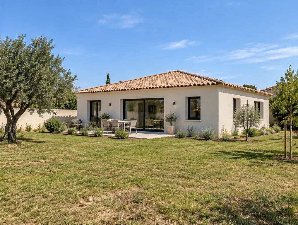 Maison de plain-pied avec terrasse Maison de plain-pied enduite en blanc, toit de tuiles, terrasse et jardin en herbe, avec un olivier au premier plan