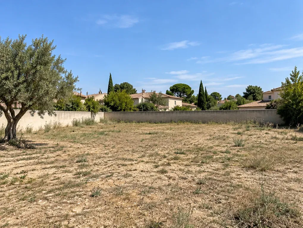 Terrain nu avec un olivier Terrain nu en herbe sèche, entouré d'un mur enduit, avec un olivier au premier plan