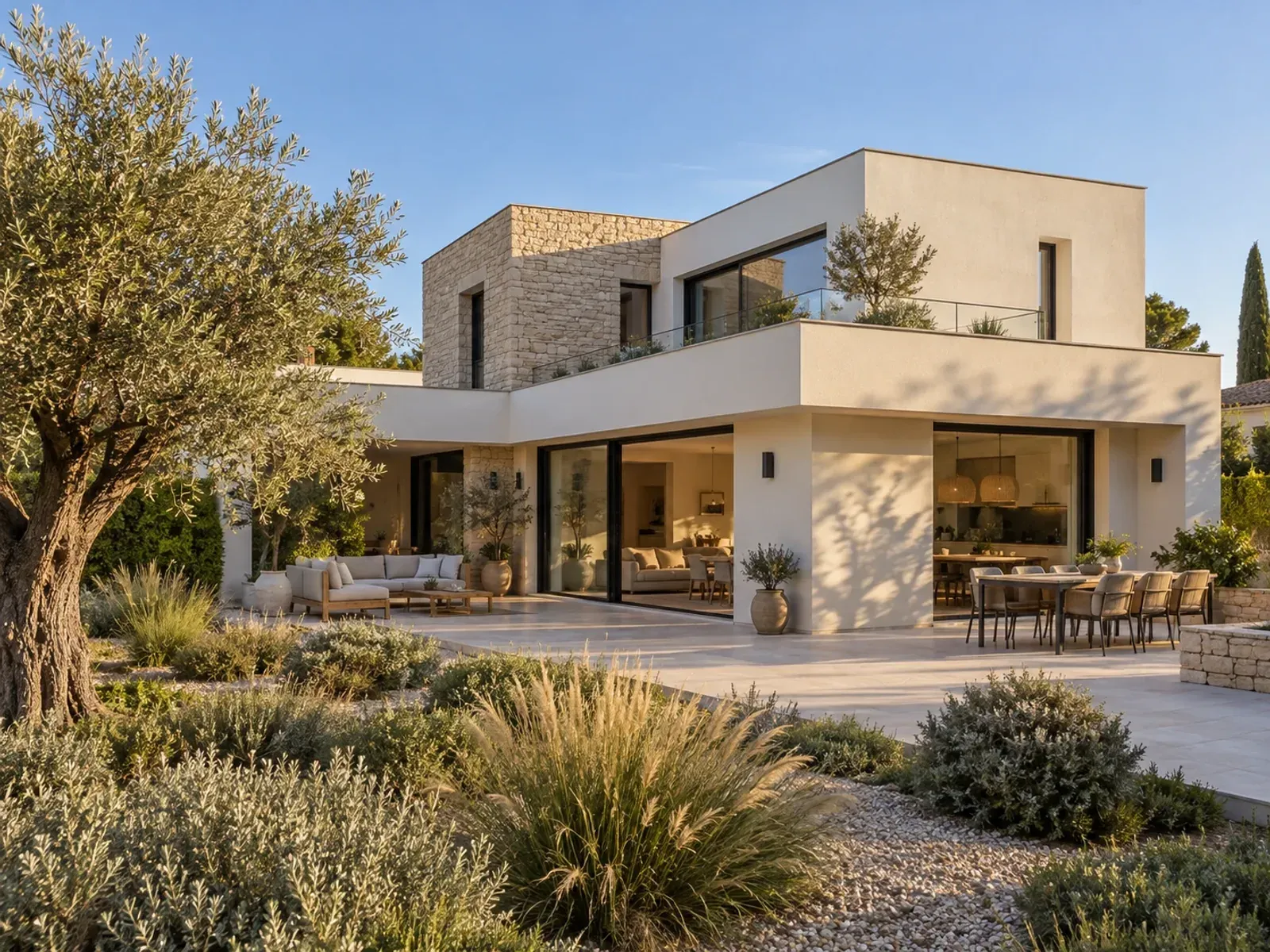 Maison contemporaine avec terrasse Maison contemporaine à toit plat, façade enduite et mur en pierre, avec terrasse et jardin méditerranéen